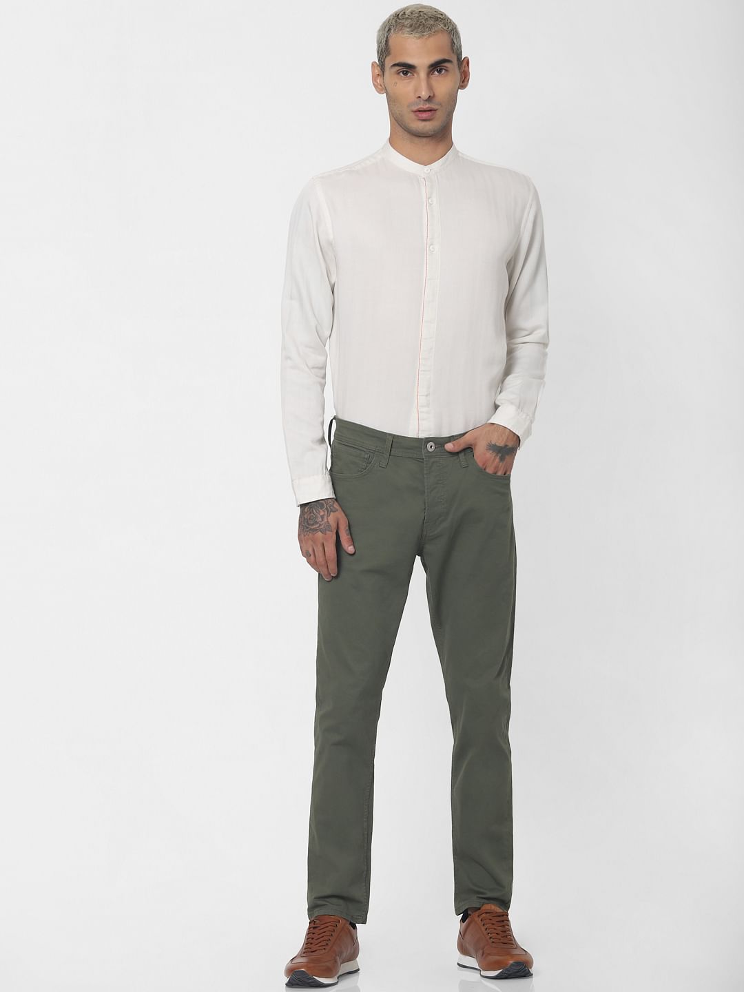 White Mandarin Collar Full Sleeves Shirt