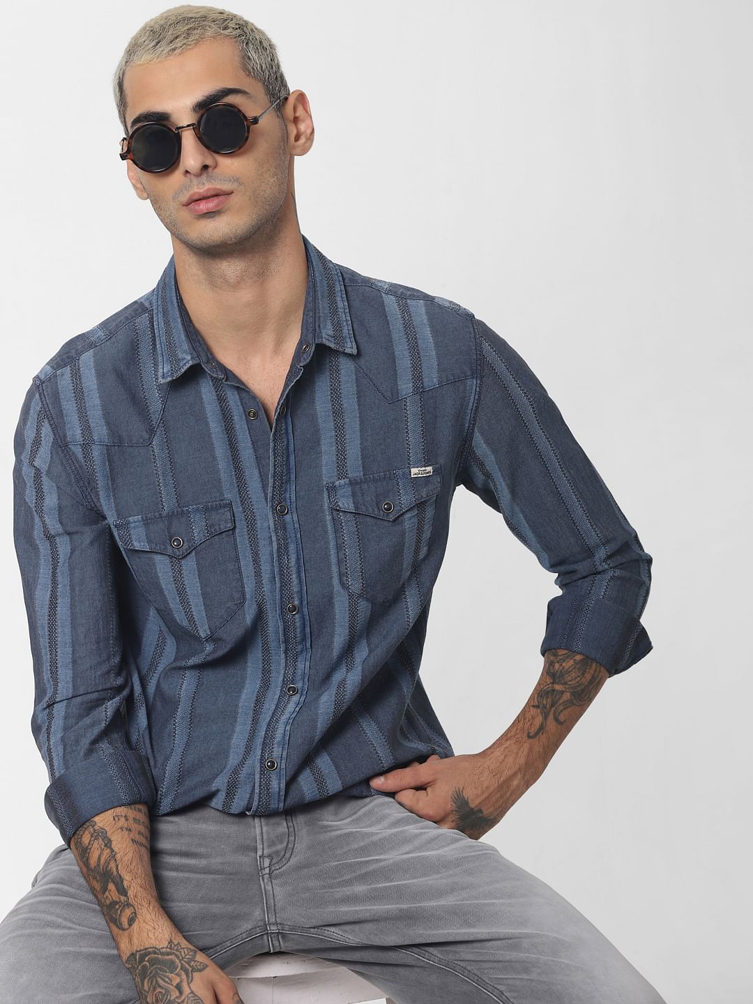 Blue Striped Denim Full Sleeves Shirt