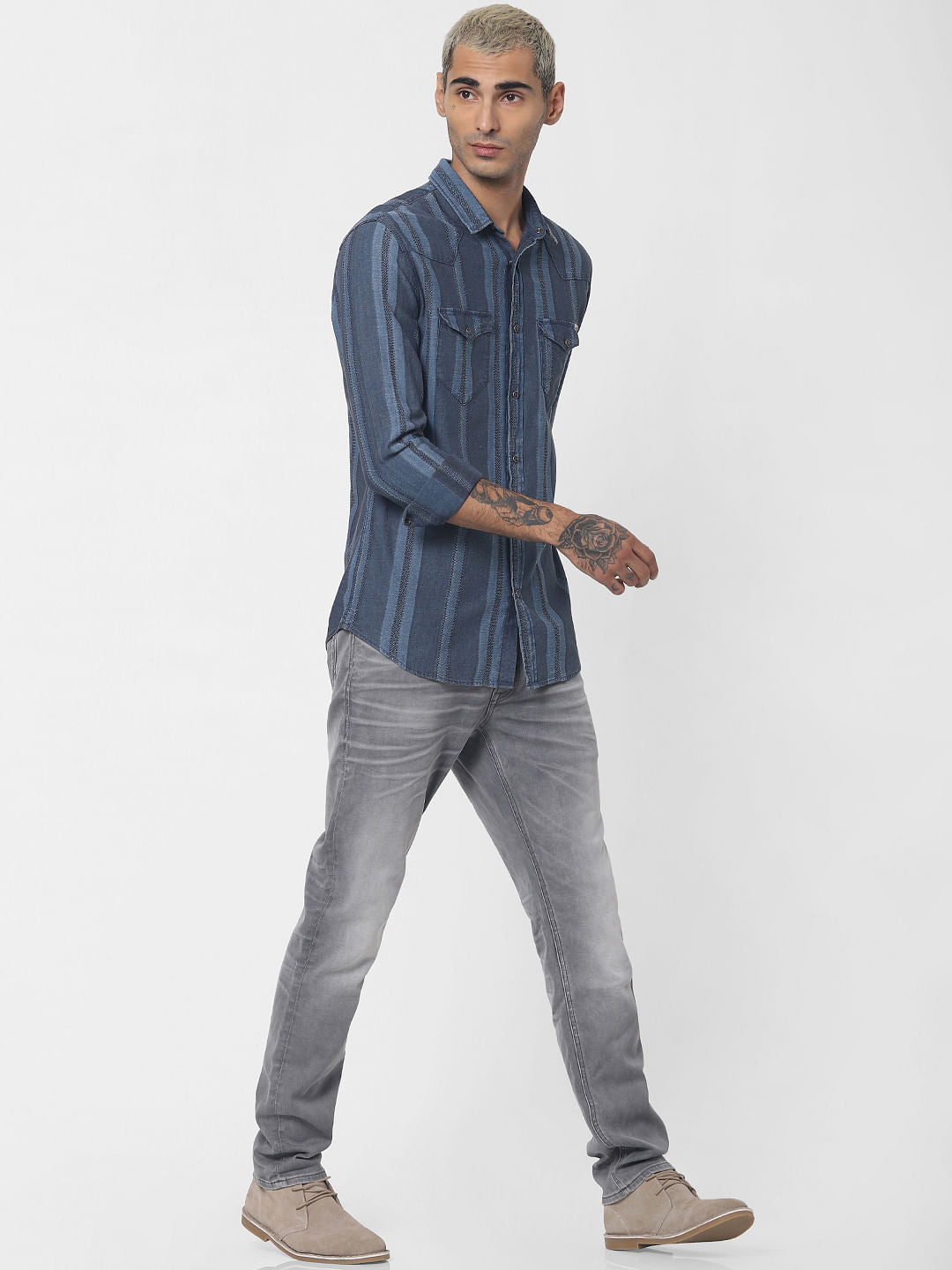 Blue Striped Denim Full Sleeves Shirt