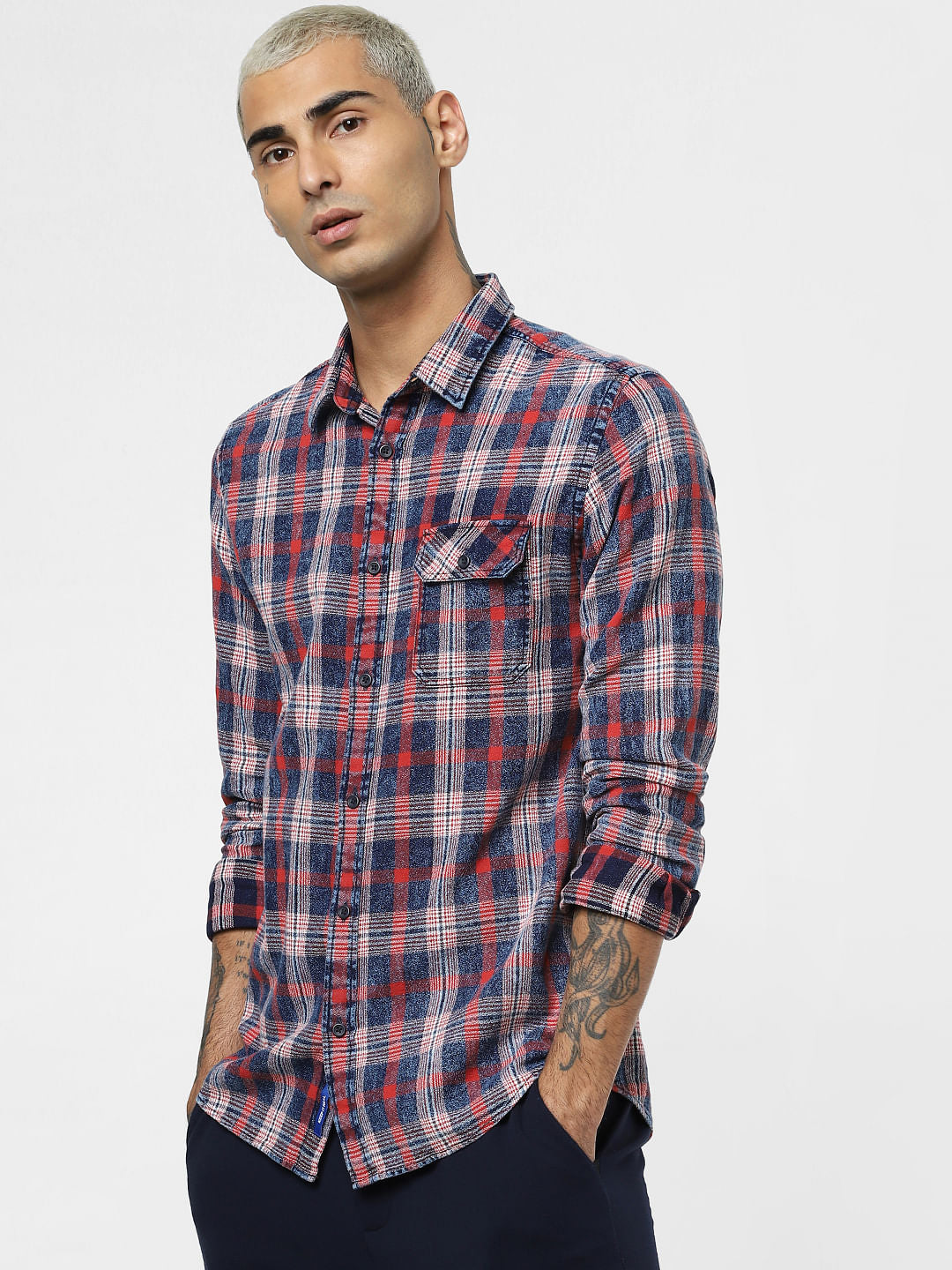 Red Check Washed Full Sleeves Shirt