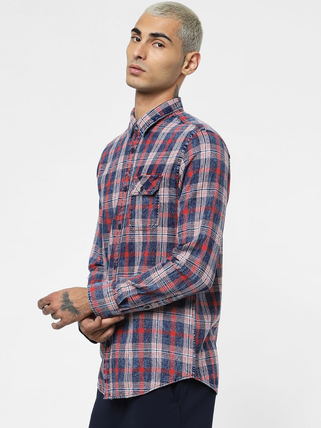 Red Check Washed Full Sleeves Shirt