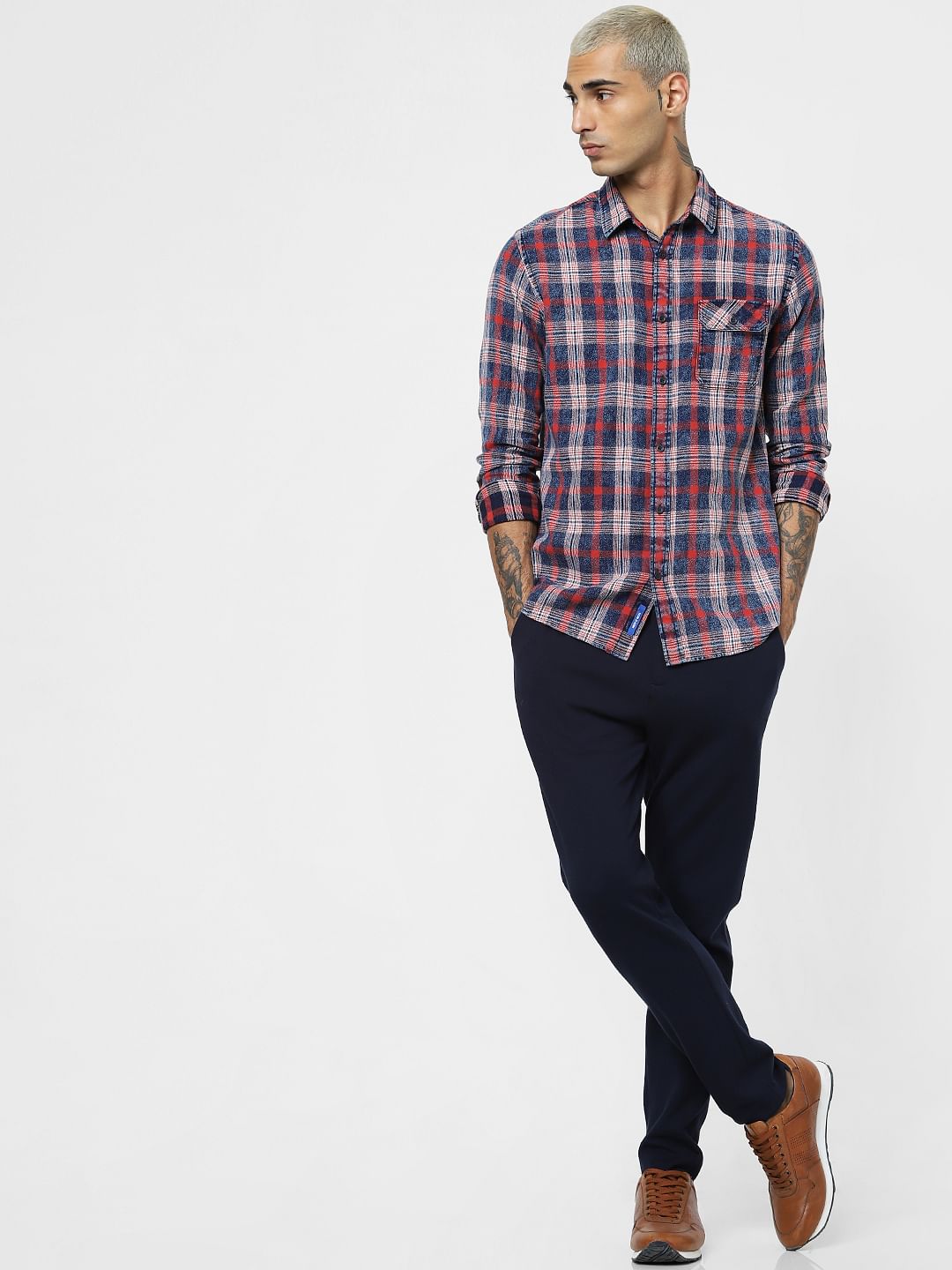 Red Check Washed Full Sleeves Shirt
