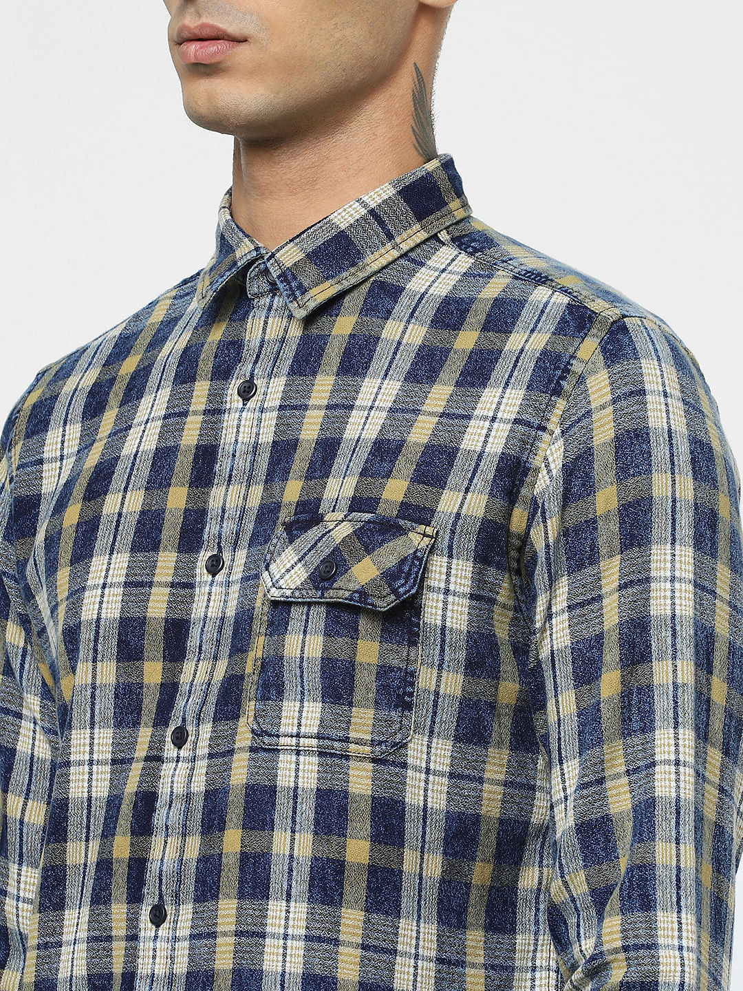 Yellow Check Washed Full Sleeves Shirt