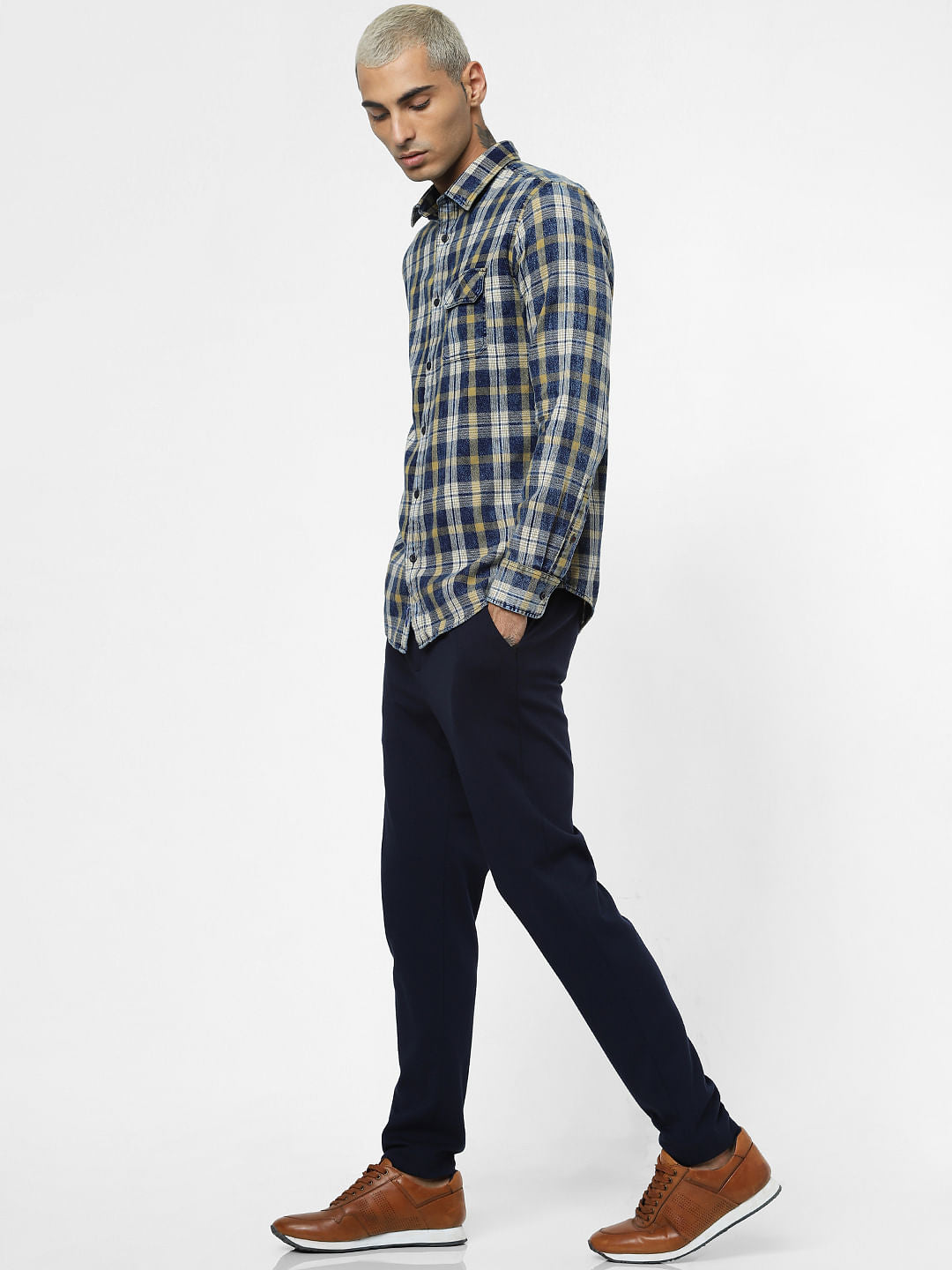 Yellow Check Washed Full Sleeves Shirt