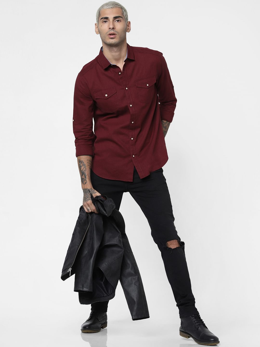 Maroon Washed Linen Full Sleeves Shirt