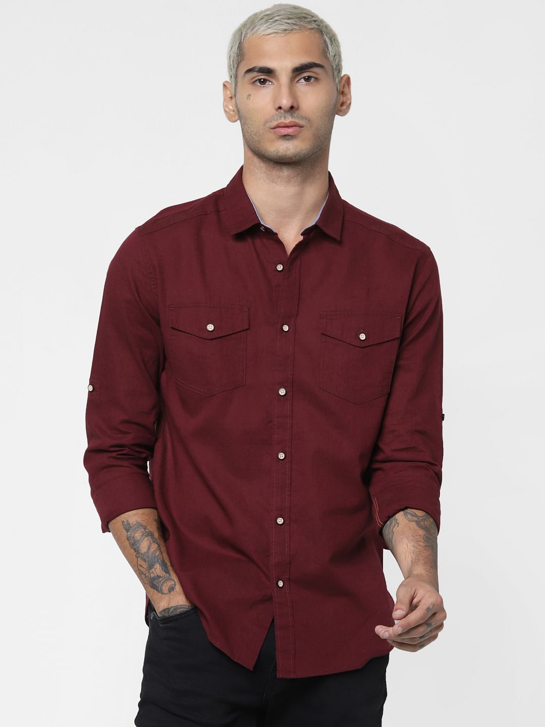Maroon Washed Linen Full Sleeves Shirt