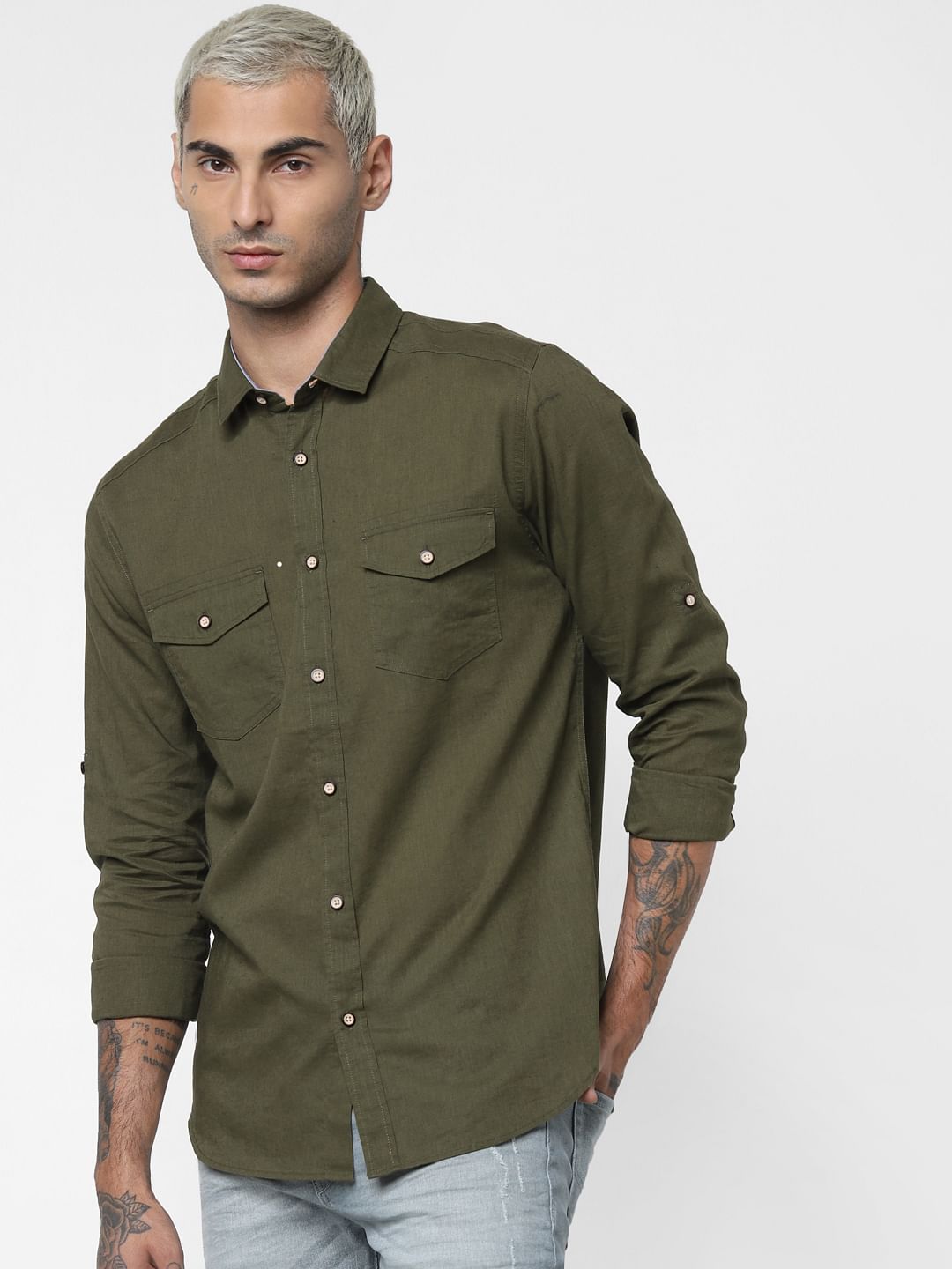 Green Washed Linen Full Sleeves Shirt