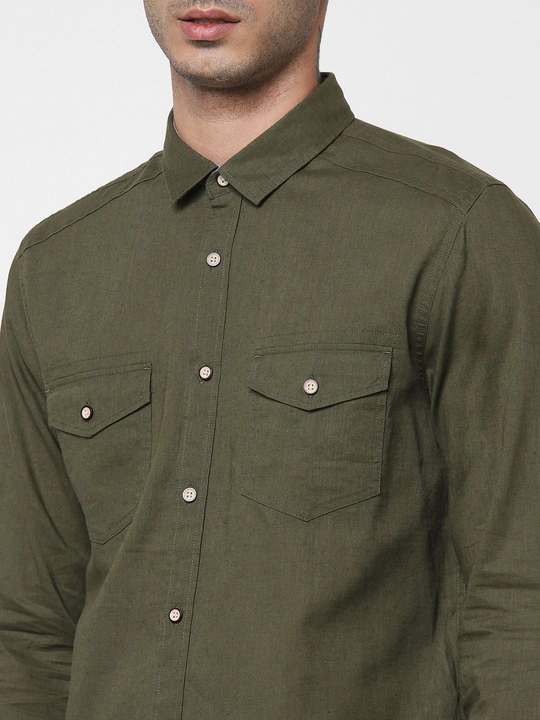 Green Washed Linen Full Sleeves Shirt
