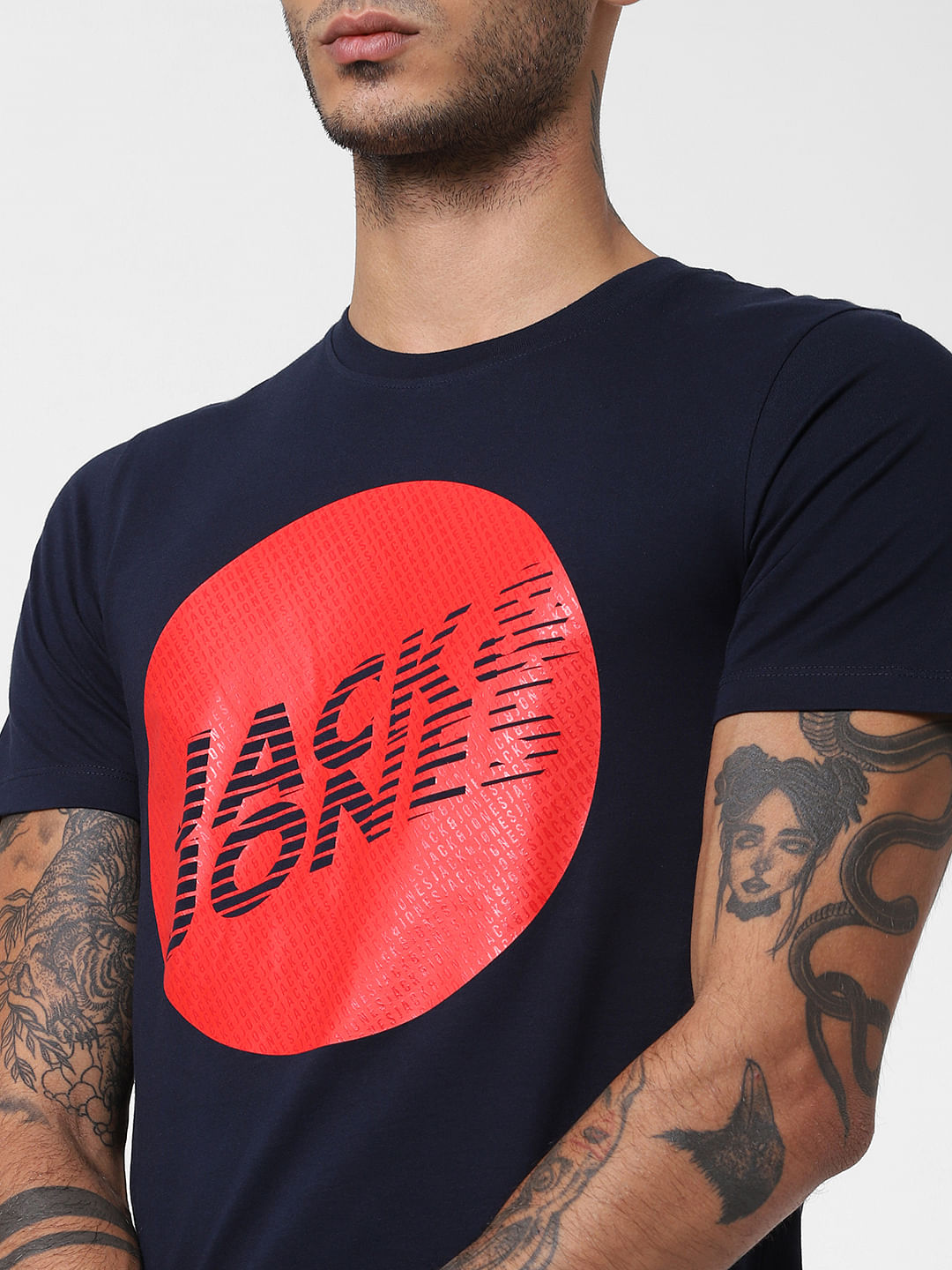 Dark Blue Logo Print Crew Neck T-shirt