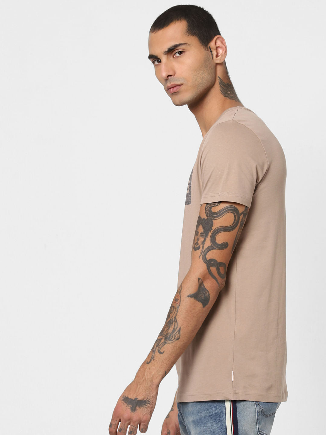 Beige Logo Print Crew Neck T-shirt