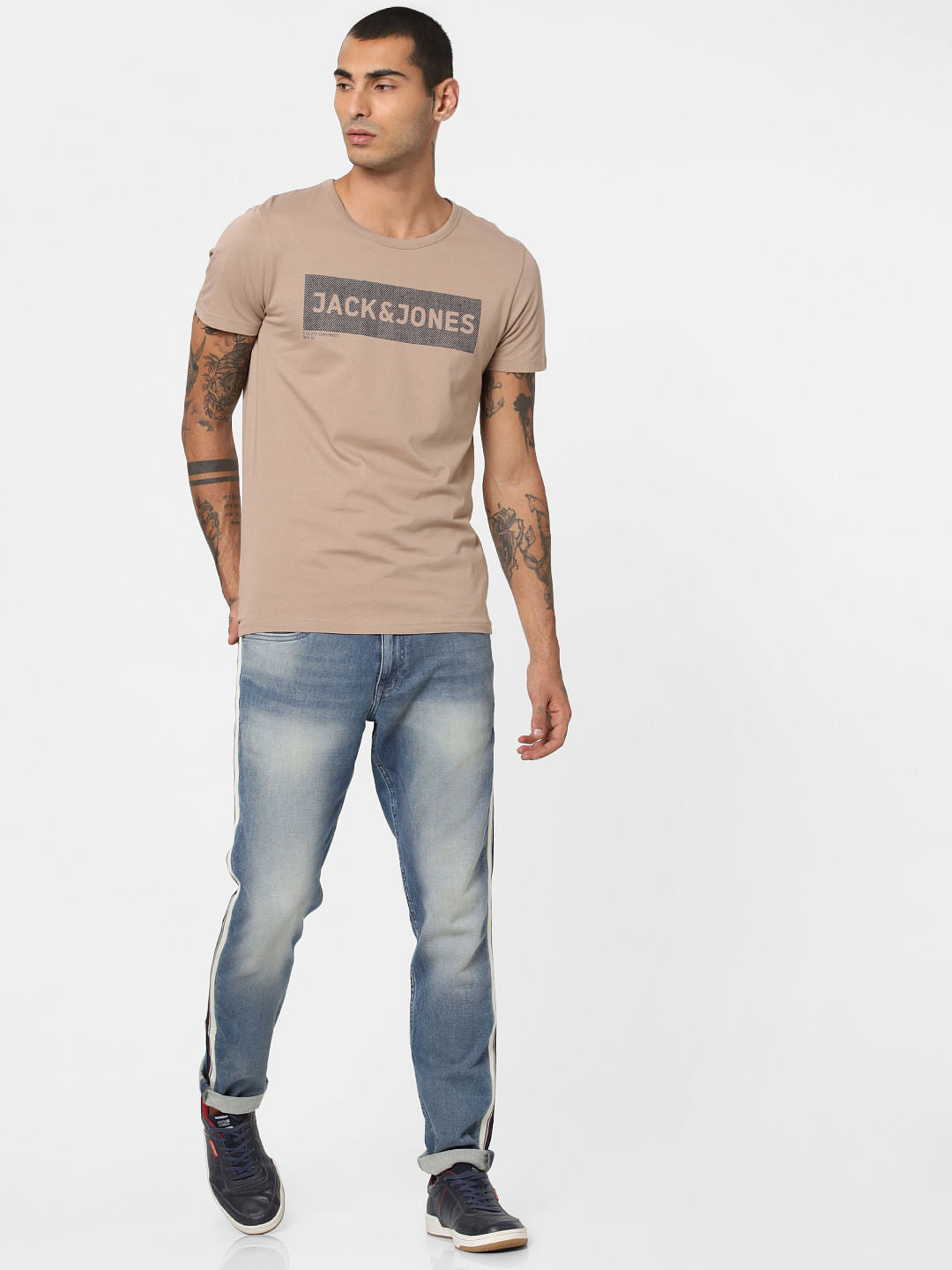 Beige Logo Print Crew Neck T-shirt
