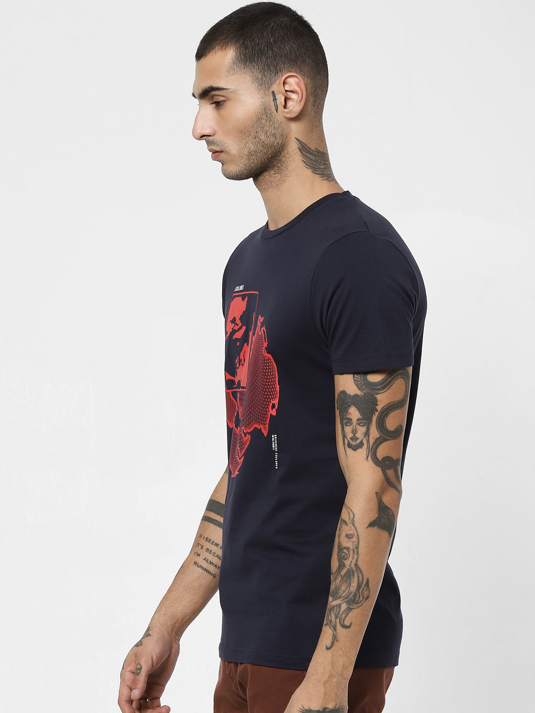 Navy Blue Map Print Crew Neck T-shirt