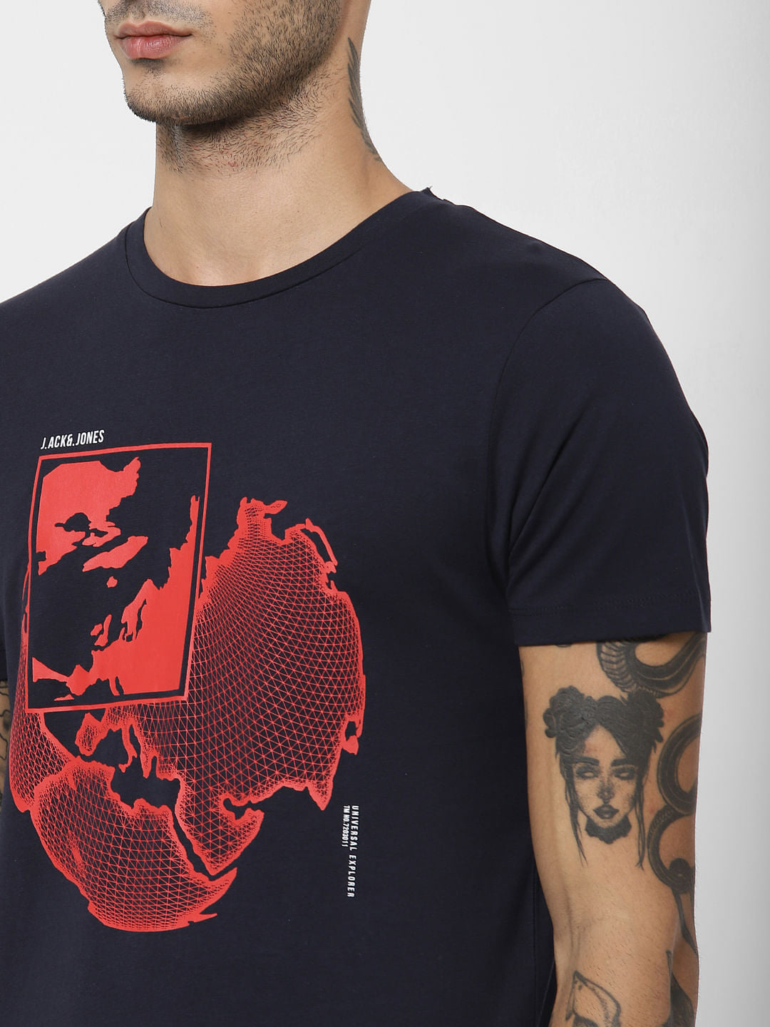 Navy Blue Map Print Crew Neck T-shirt