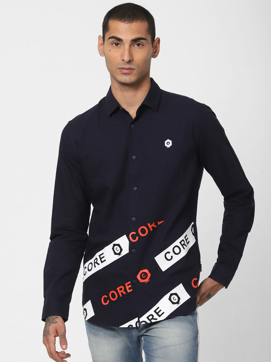 Navy Blue Logo Print Full Sleeves Shirt