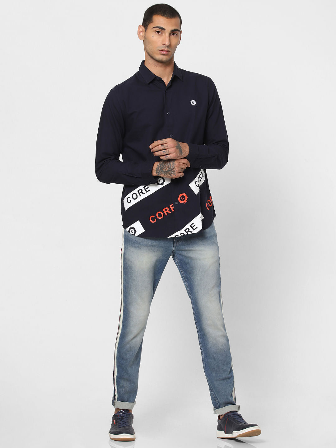 Navy Blue Logo Print Full Sleeves Shirt