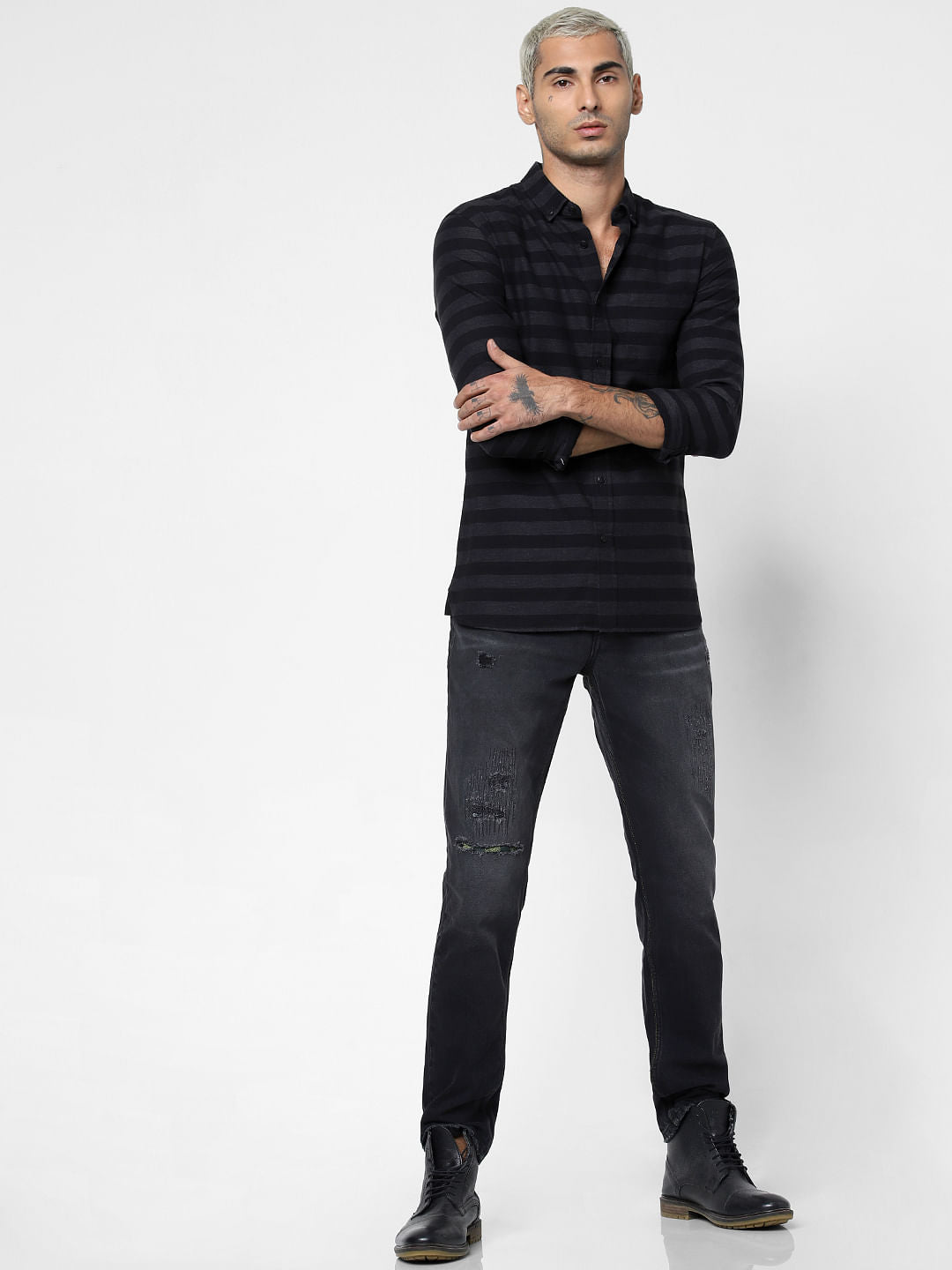 Black Striped Full Sleeves Shirt