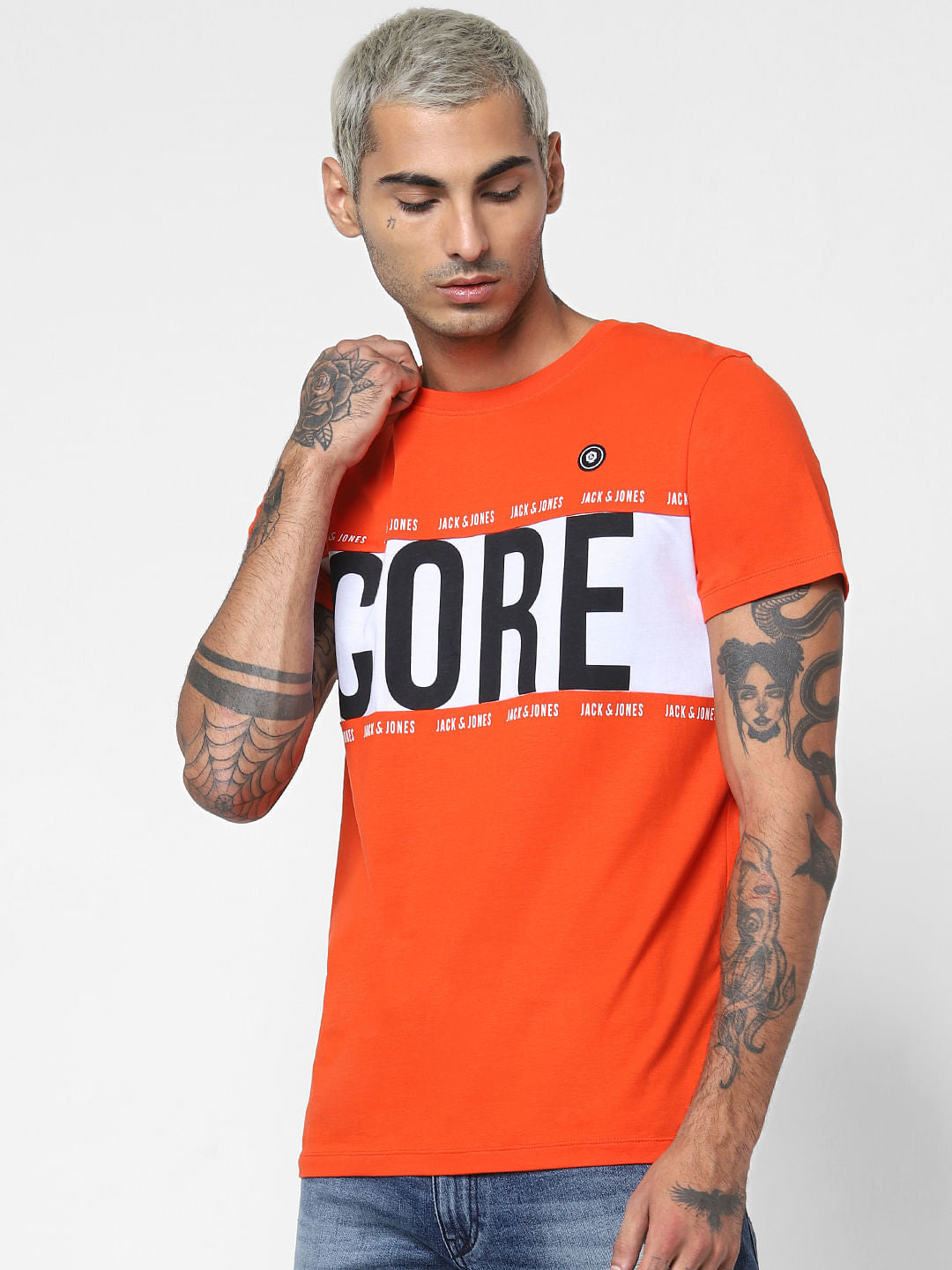Orange Logo Print Crew Neck T-shirt