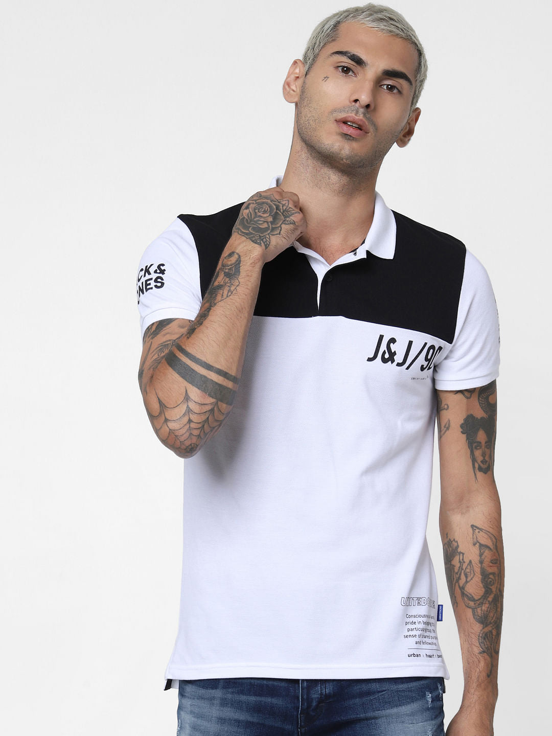 White Logo Print Polo Neck T-shirt