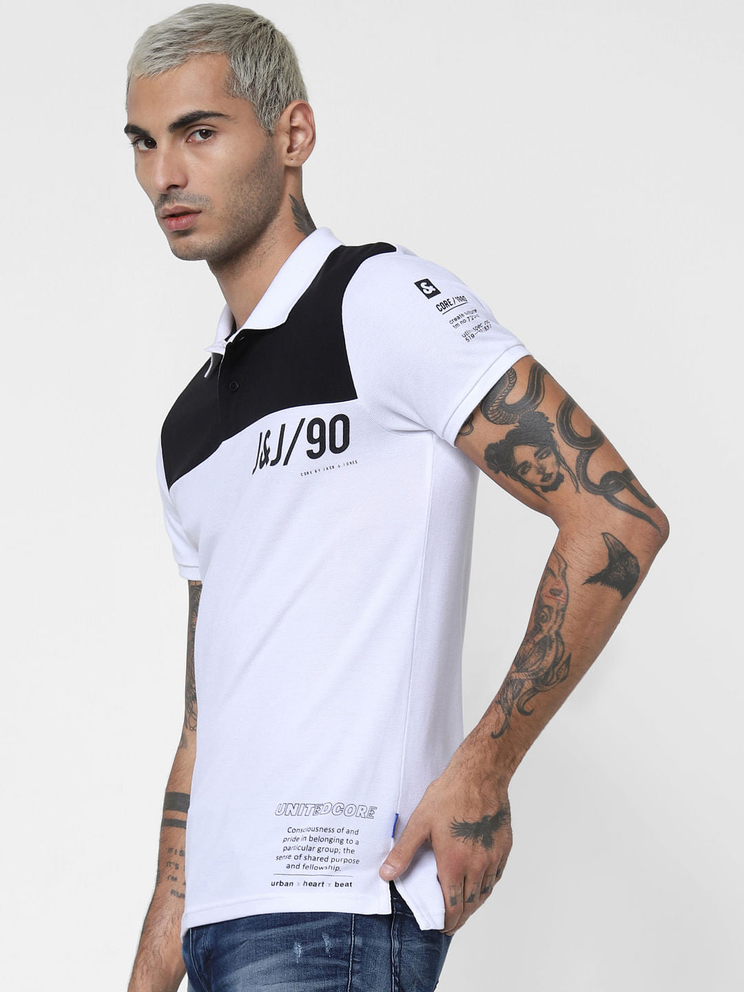 White Logo Print Polo Neck T-shirt