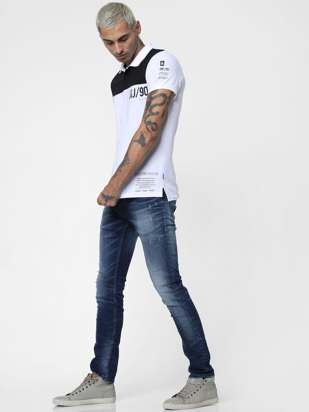 White Logo Print Polo Neck T-shirt