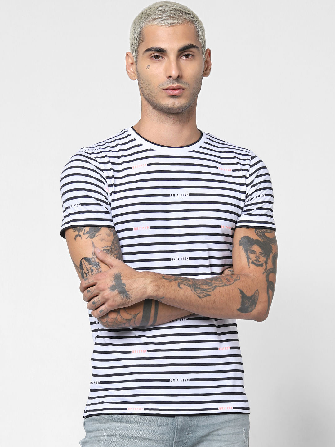 White Striped Crew Neck T-shirt
