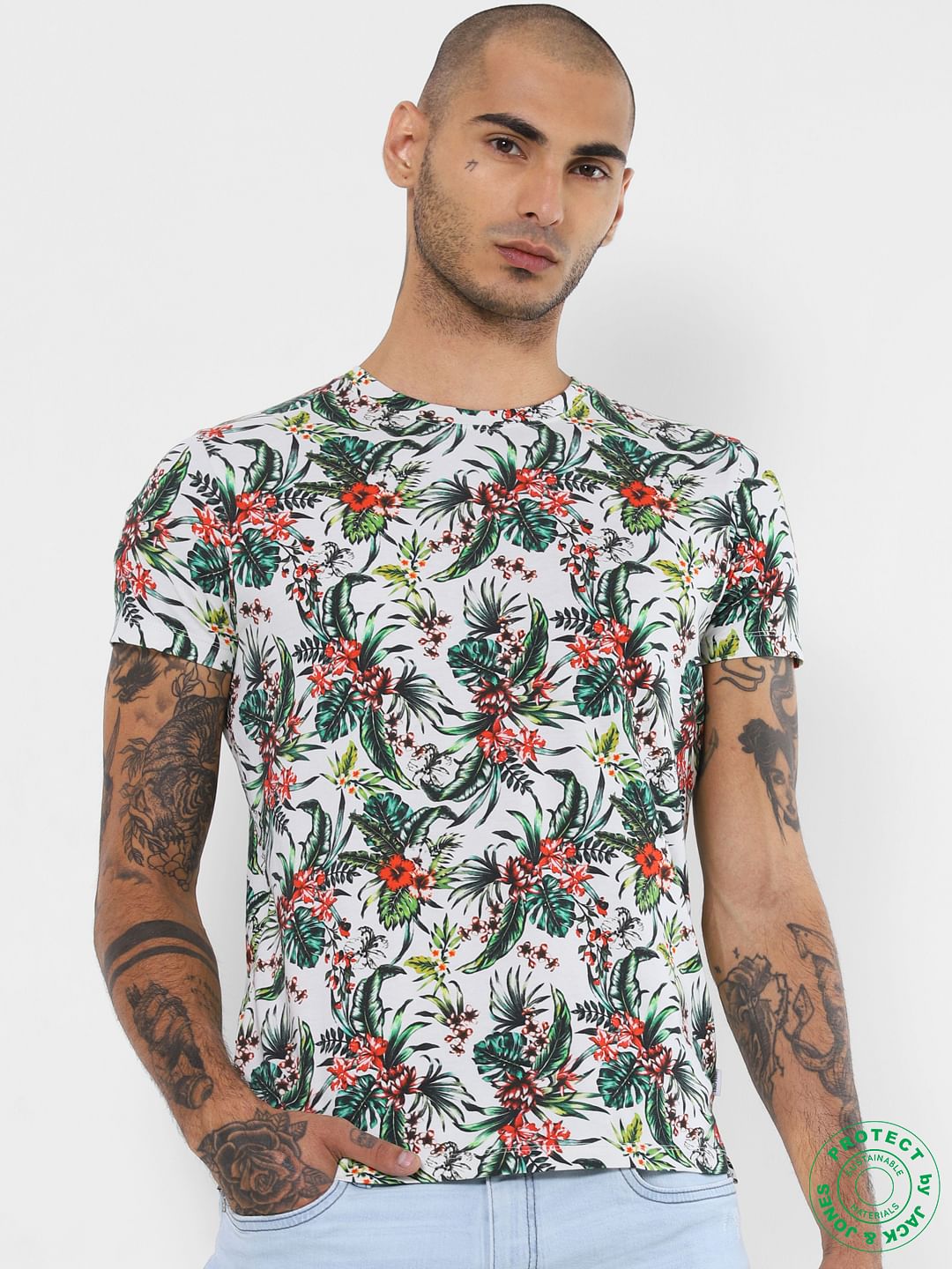 White All Over Print Crew Neck T-shirt