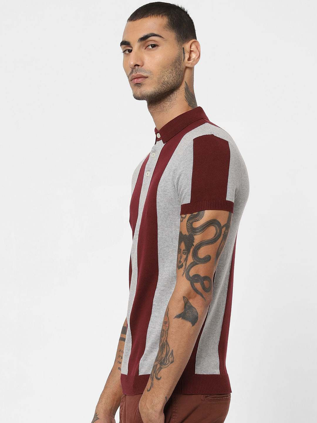 Maroon Striped Polo Neck T-shirt