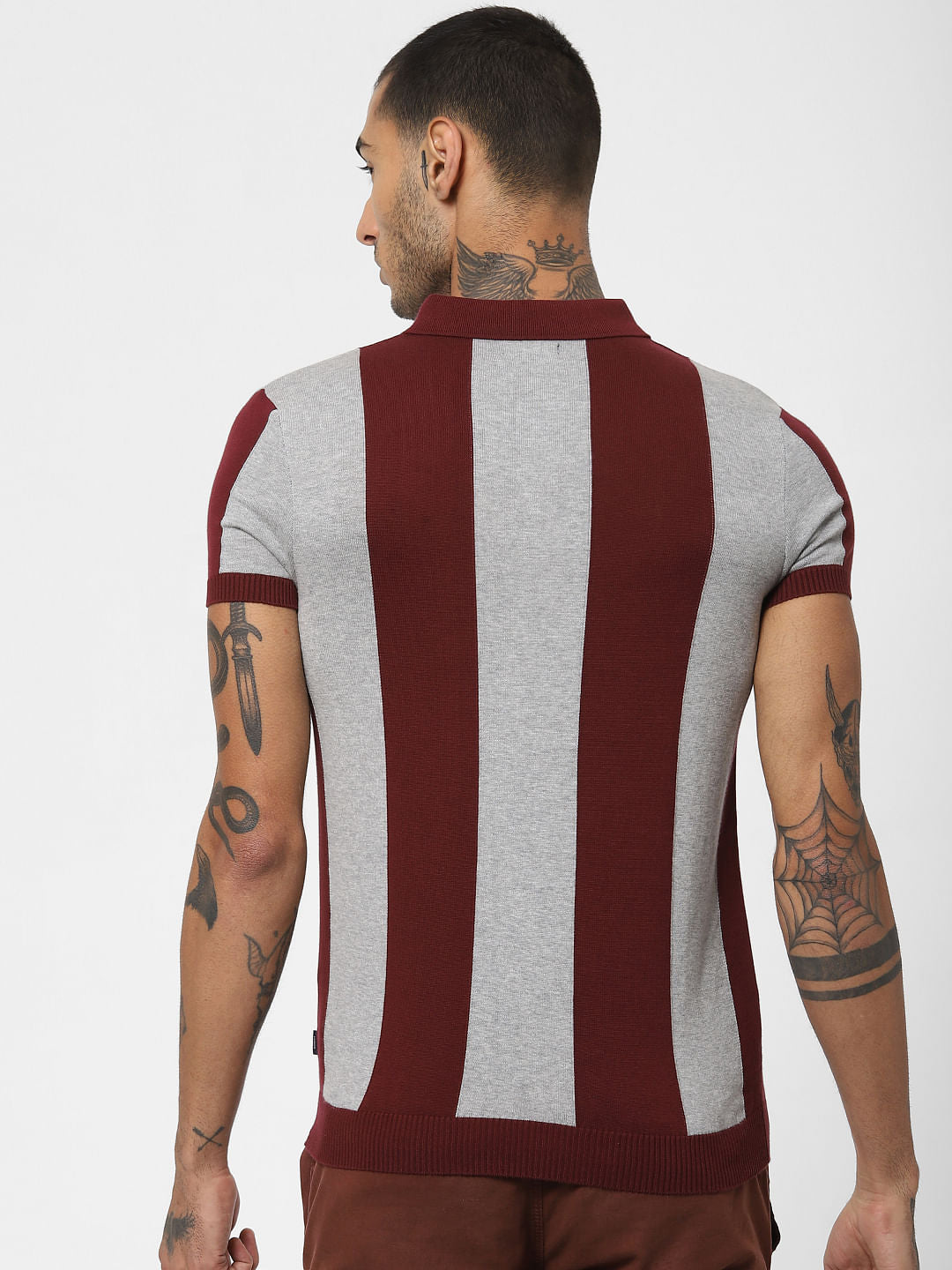 Maroon Striped Polo Neck T-shirt