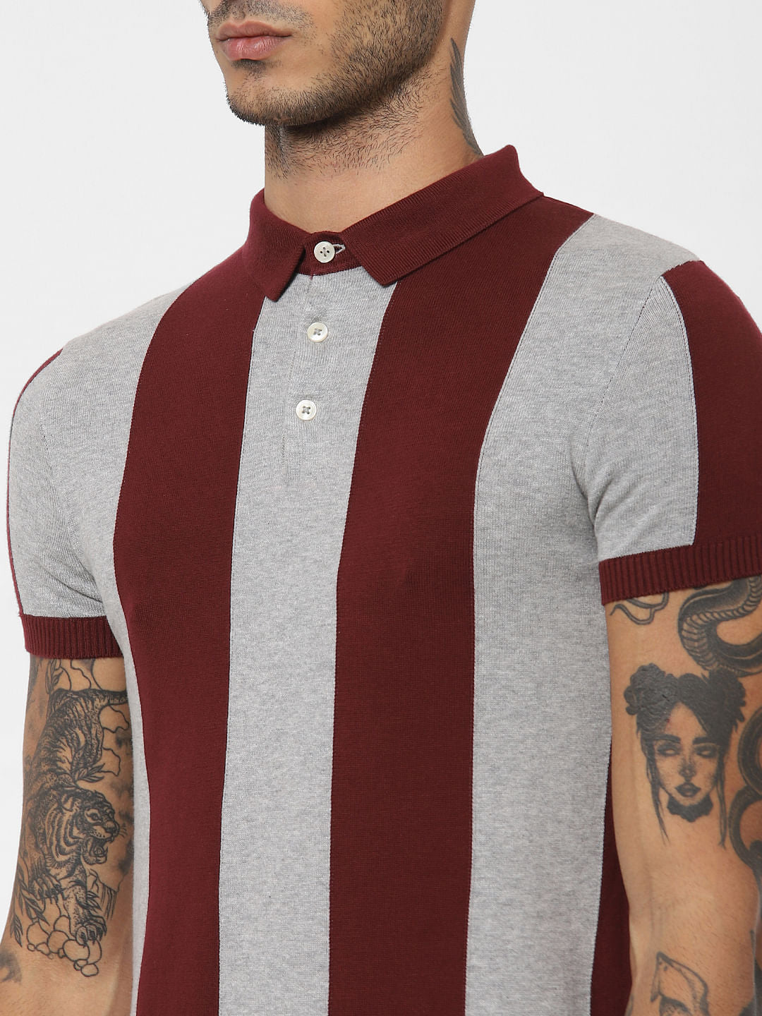 Maroon Striped Polo Neck T-shirt