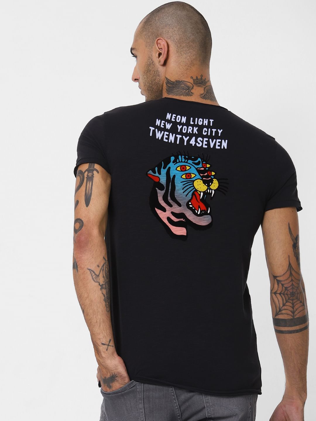 Black Tiger Print Crew Neck T-shirt