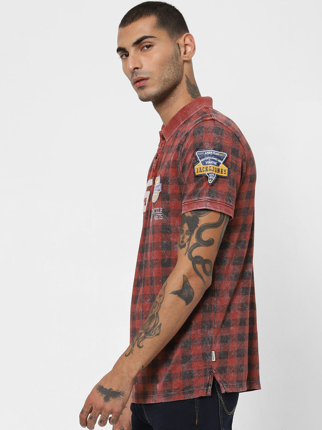 Red Acid Washed Polo Neck T-shirt