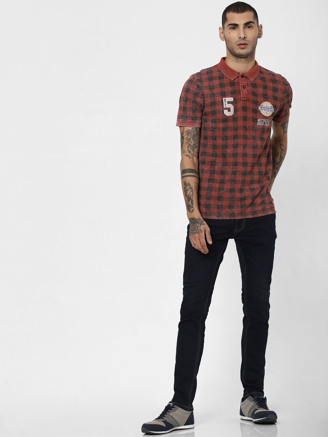 Red Acid Washed Polo Neck T-shirt
