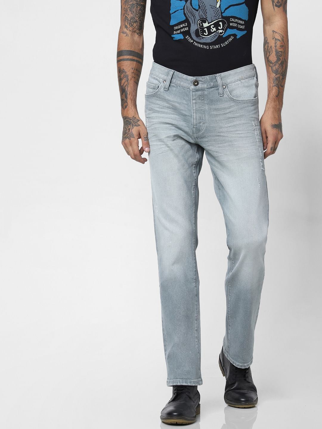 Grey Mid Rise Washed Clark Regular Fit Jeans