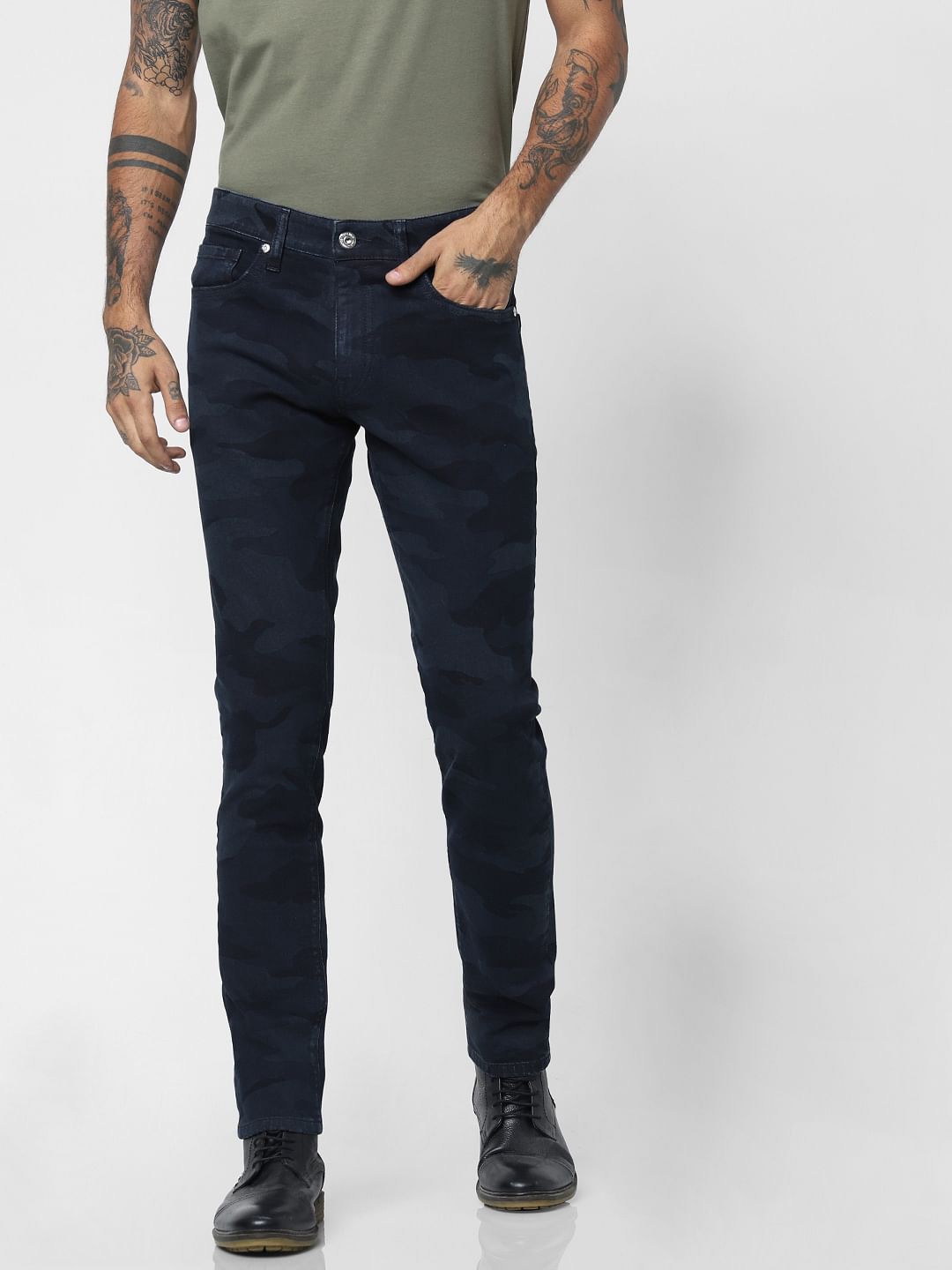 Dark Blue Low Rise Camo Print Slim Fit Jeans