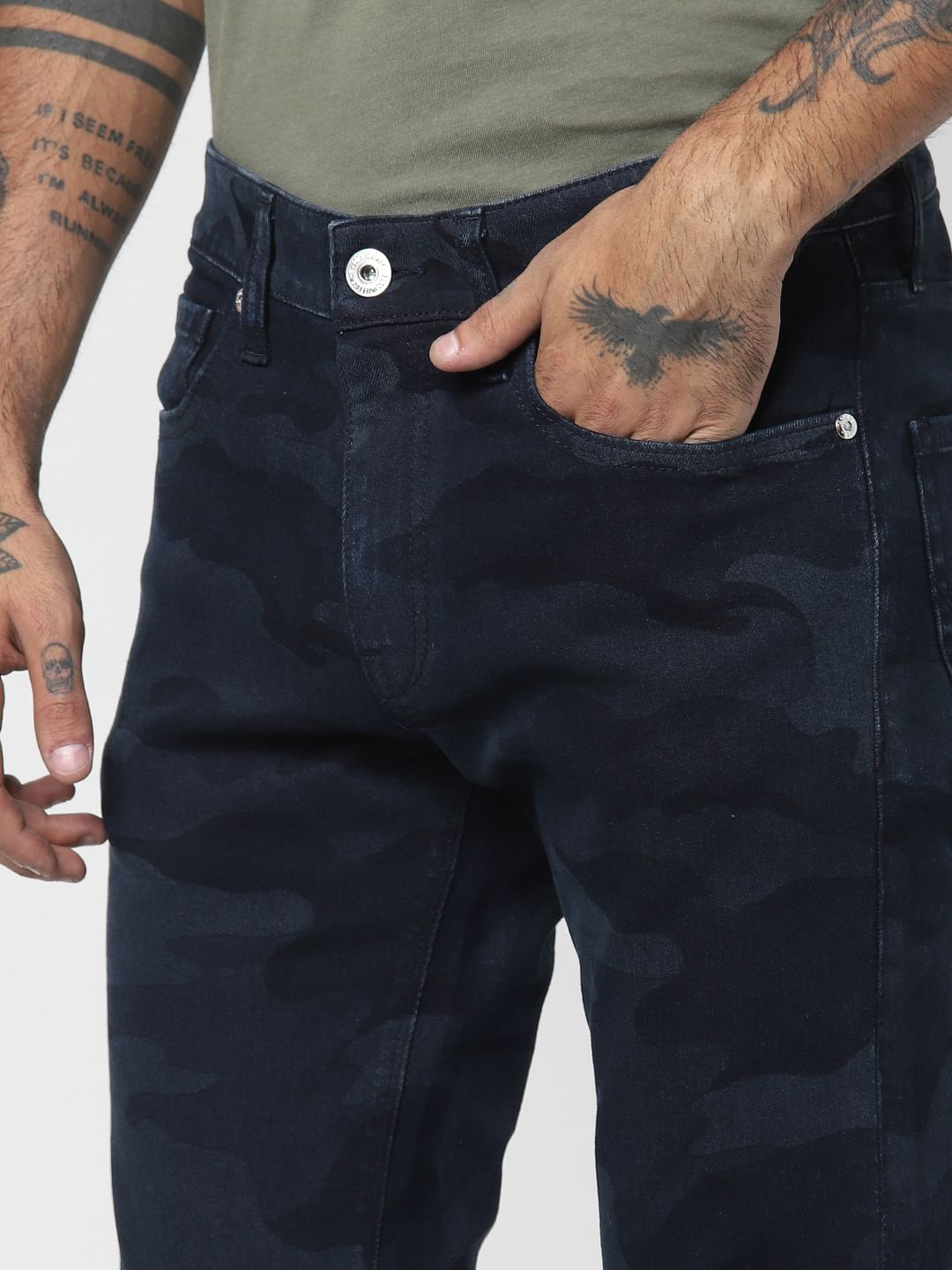 Dark Blue Low Rise Camo Print Slim Fit Jeans