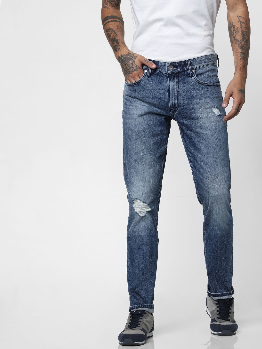 Blue Low Rise Distressed Tim Anti Fit Jeans