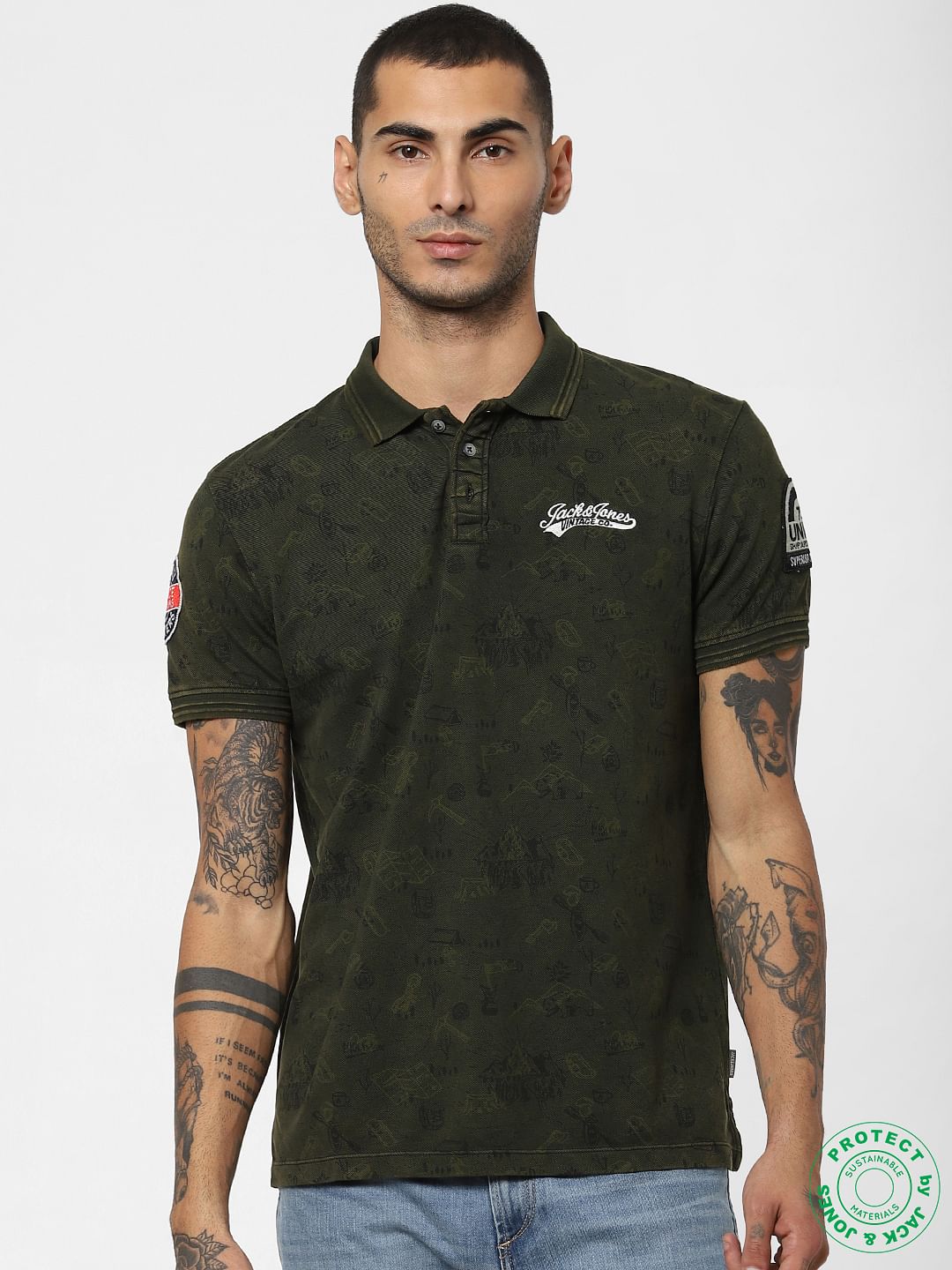 Green Printed Polo Neck T-shirt