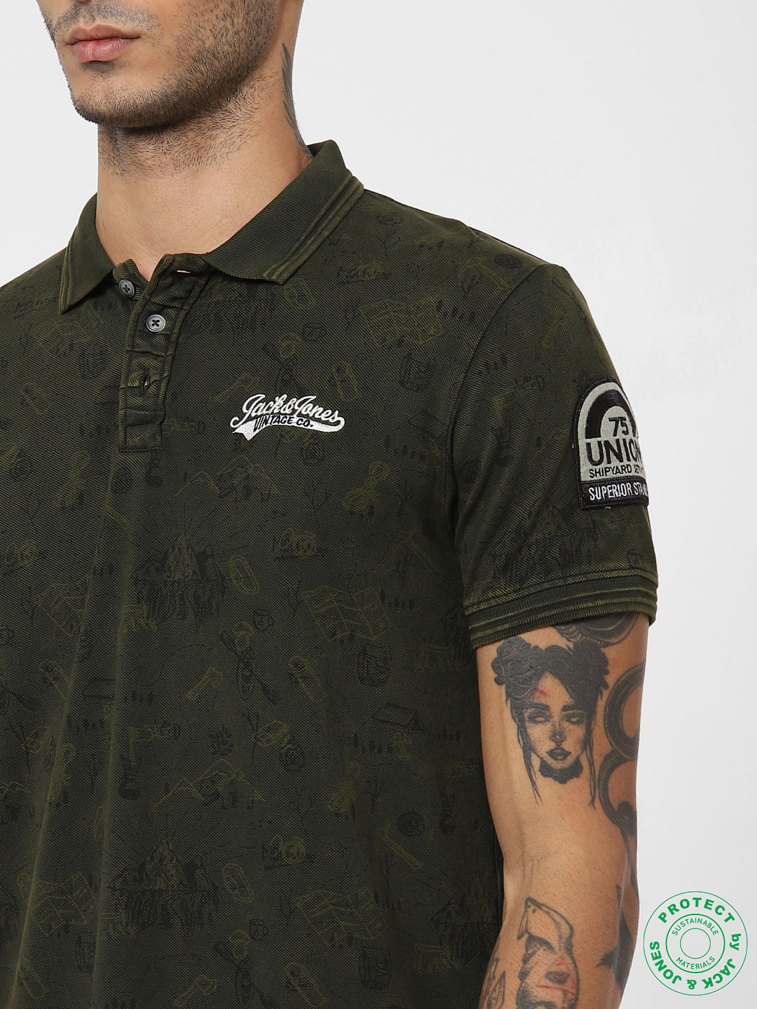 Green Printed Polo Neck T-shirt