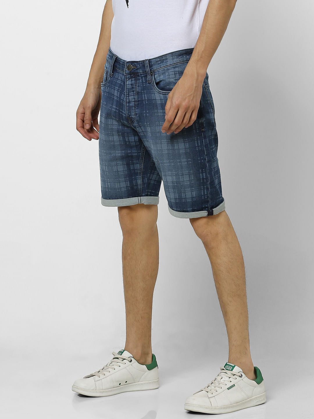 Blue Mid Rise Check Denim Shorts