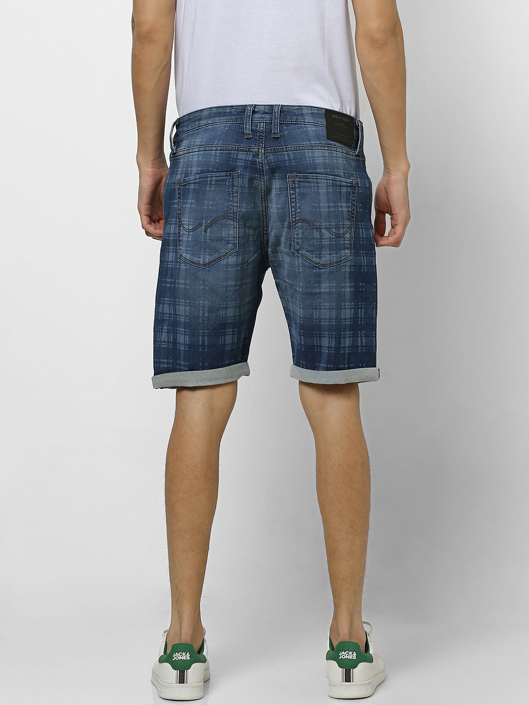 Blue Mid Rise Check Denim Shorts