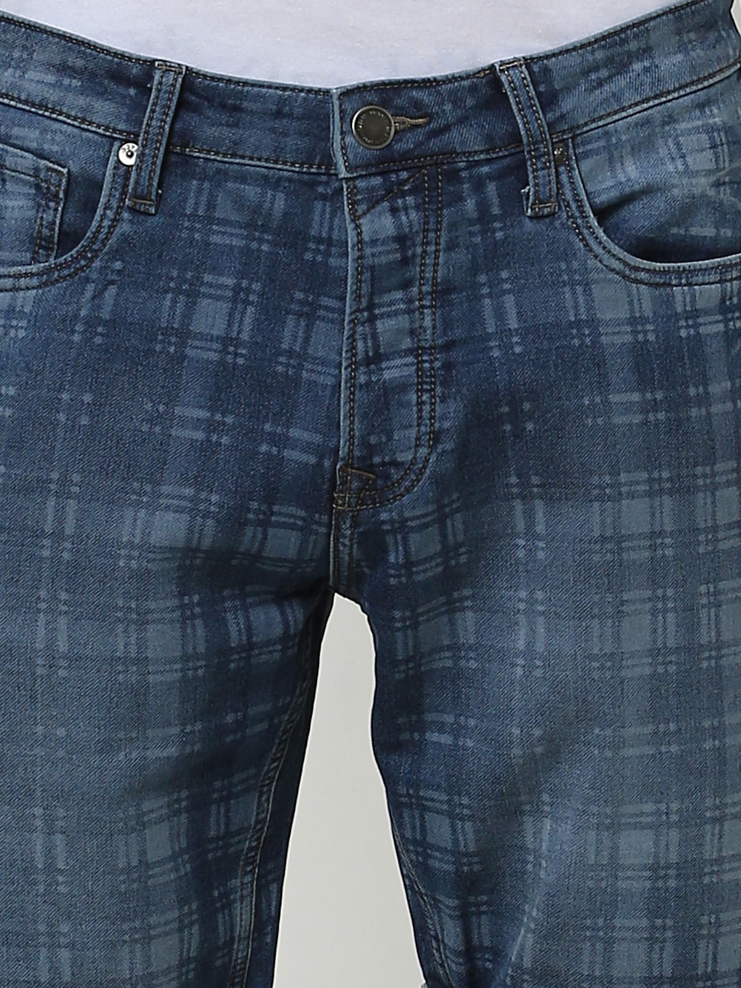 Blue Mid Rise Check Denim Shorts