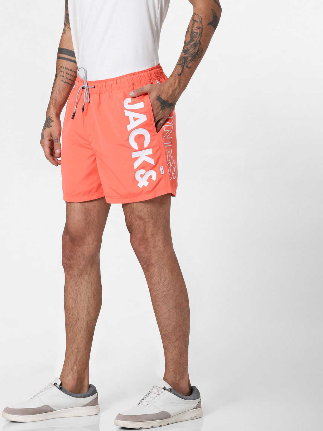 Coral Logo Print Drawstring Swimshorts