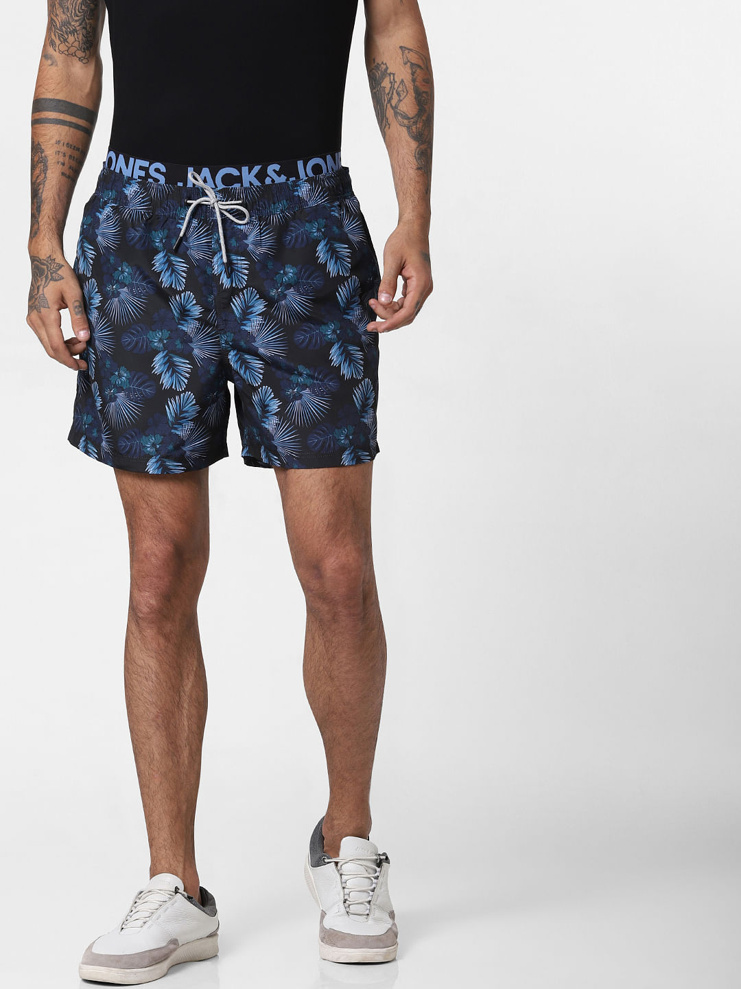 Black Floral Print Swimshorts