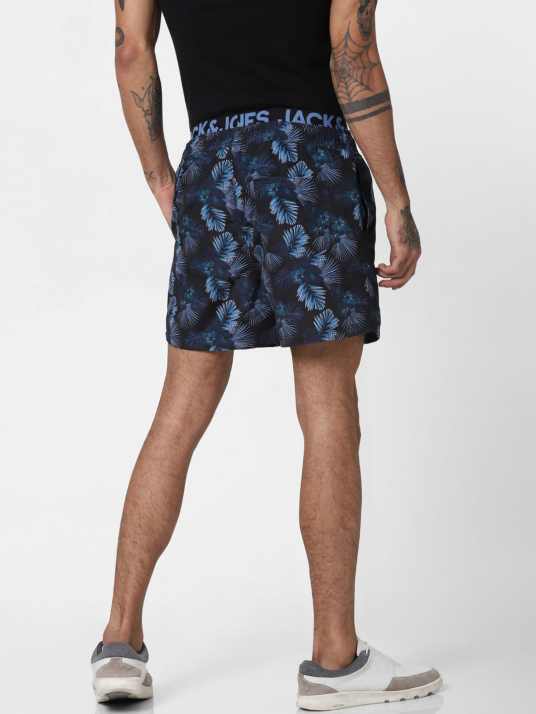 Black Floral Print Swimshorts