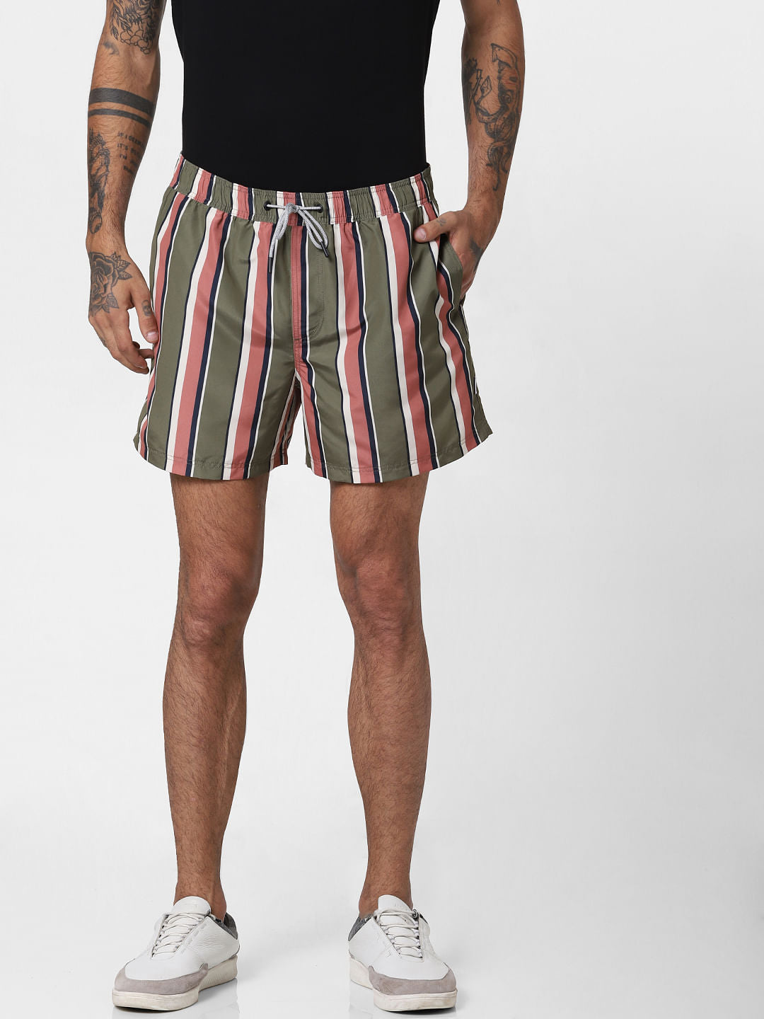 Green Striped Print Swimshorts