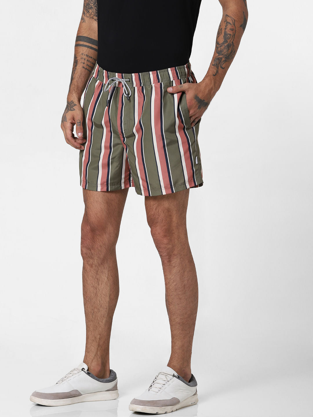 Green Striped Print Swimshorts