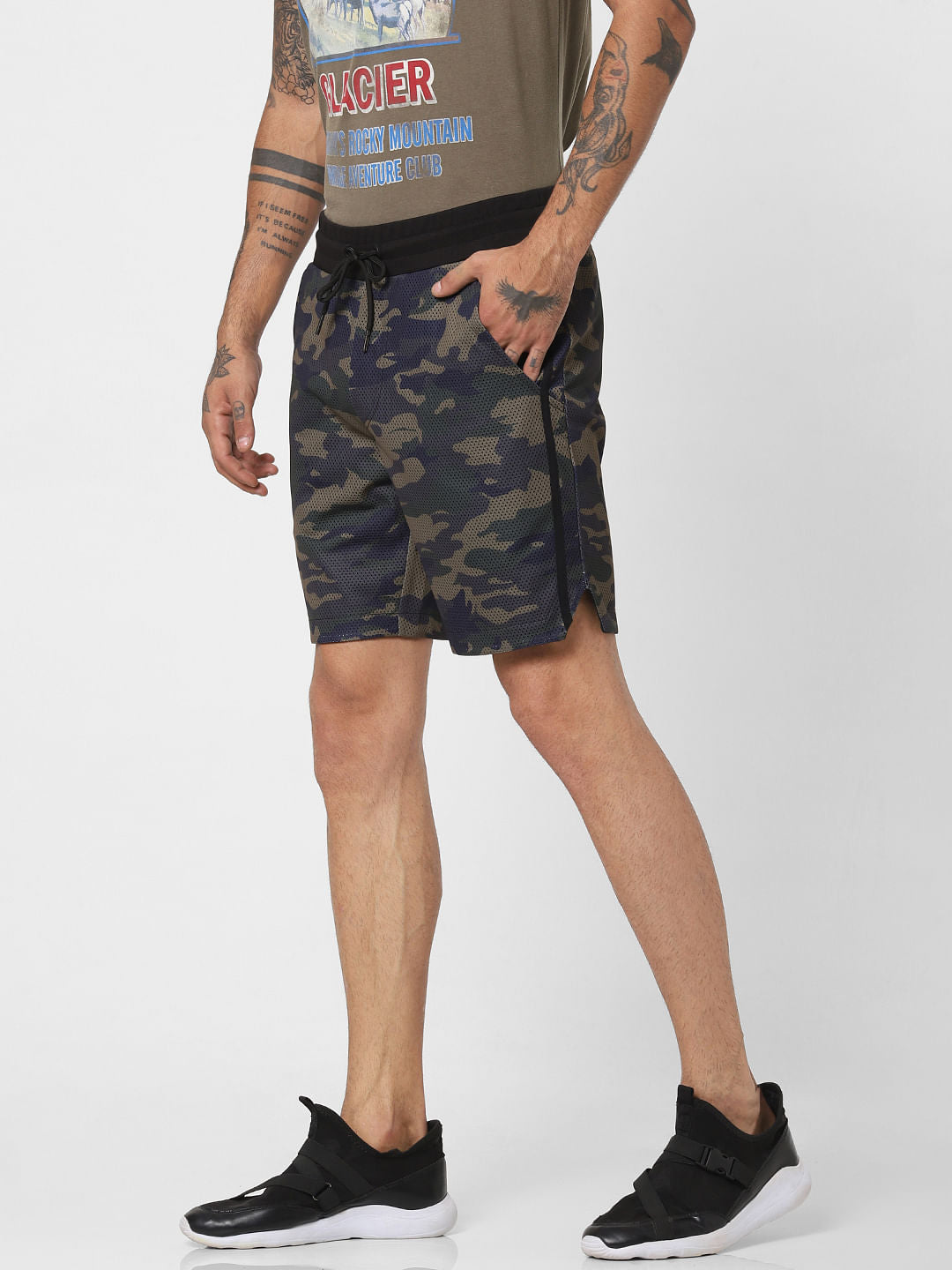 Green Mesh Camo Print Sweatshorts