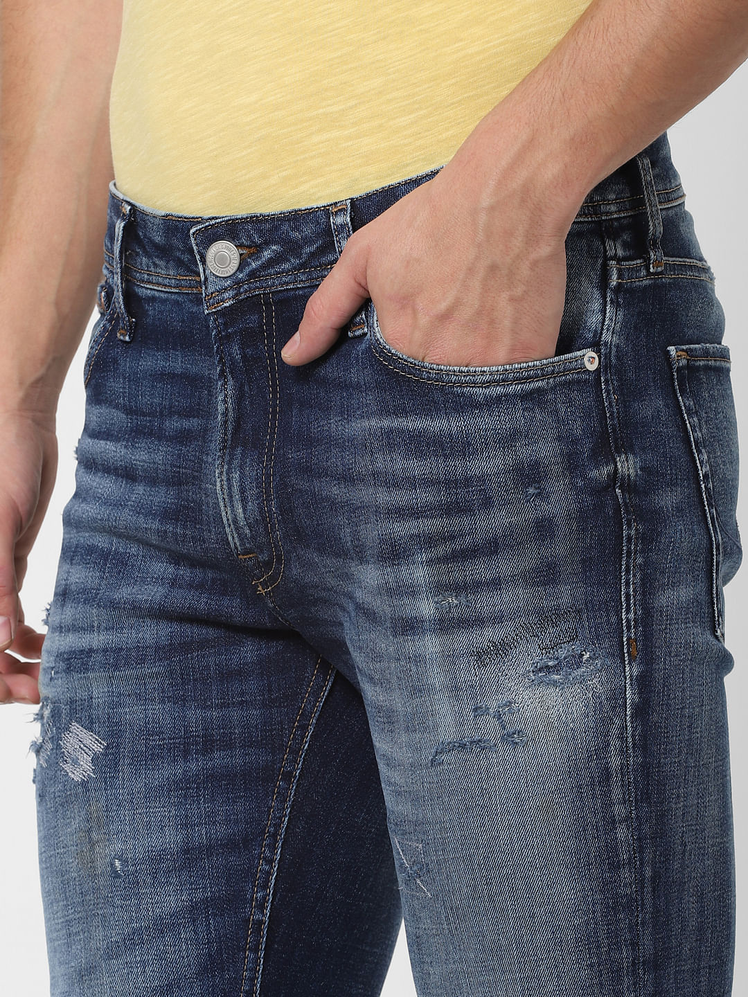 Blue Low Rise Distressed Ben Skinny Fit Jeans