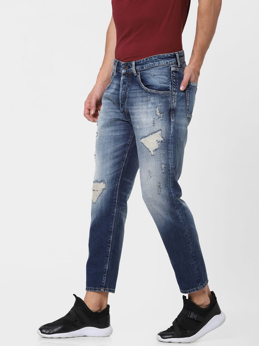 Blue Mid Rise Distressed Frank Anti-Fit Jeans