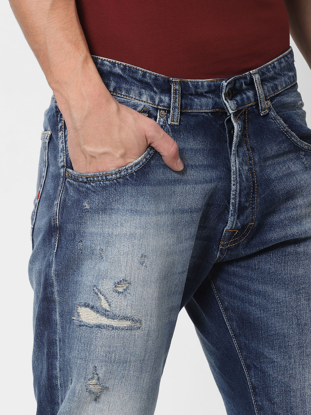 Blue Mid Rise Distressed Frank Anti-Fit Jeans